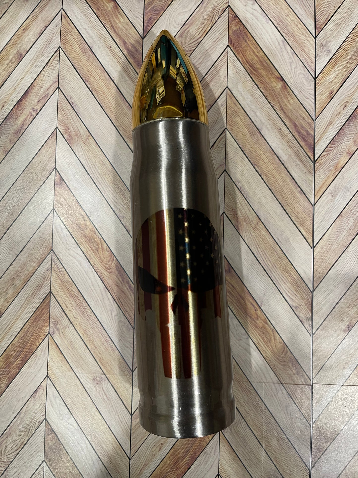 Bullet tumbler embellished with skull flag sublimation